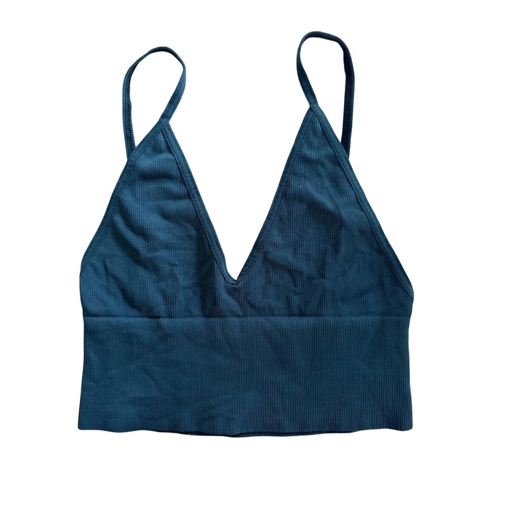 Free People Intimately Bralette XS Green Blue Ribbed Longline Plunge Crop Top